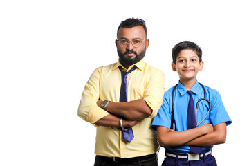 Young indian officer with school boy on white background.