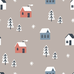 Seamless pattern with winter landscape. Hand drawn vector illustatration