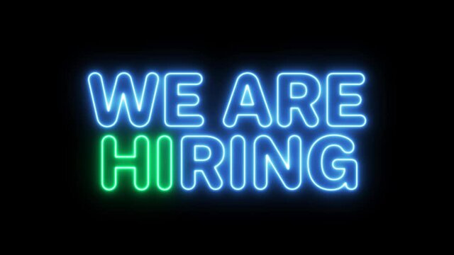 We are hiring job opportunity glowing neon lights message. 3D Rendering
