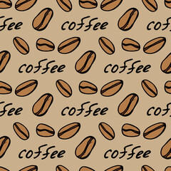 Seamless pattern with coffee beans on beige background. Vector image.