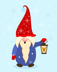 Cute Christmas gnome with a holiday hat holding a lantern under the falling snow and snowflakes. Elf or gnome for holiday greetings.