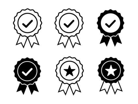 Approved or certified medal icon. Certified badge. Set approval check icon isolated, approved or verified medal icon.
