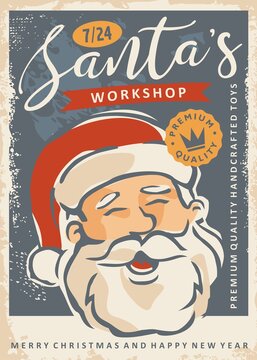 Santa workshop retro poster design advertisement for Christmas and New Year. Promo flyer for Christmas toy store. Christmas card vector template.