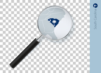 South Carolina map with flag in magnifying glass on transparent background.