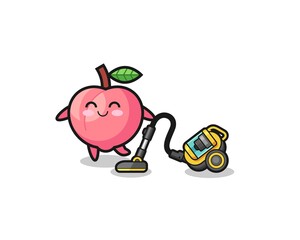 cute peach holding vacuum cleaner illustration