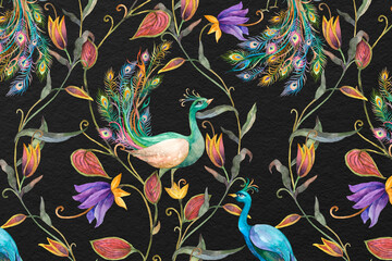 Pattern background with watercolor peacock and flower illustration