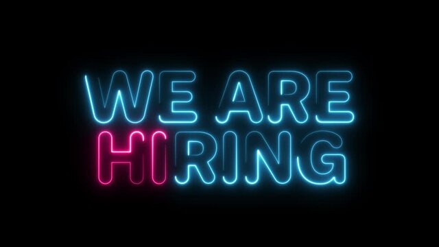 We are hiring job opportunity glowing neon lights message. 3D Rendering
