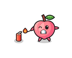 peach mascot illustration playing firecracker