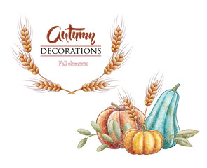 Wheat wreath. Blue orange pumpkin decor. Autumn hand drawn clipart