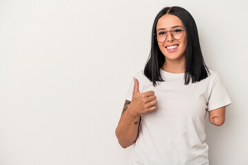Young caucasian woman with one arm isolated on white background smiling and raising thumb up