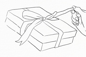 Valentine's gift box being unwrapped black and white illustration