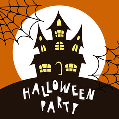 Halloween party invitation. Gloomy castle on the mountain. Colorful illustration.