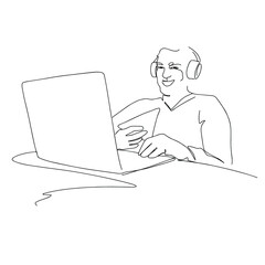 Hand drawn man is working on laptop and eating pizza line art. Young man is playing on PC silhouette. Outline drawing Abstract minimalistic linear sketch vector illustration
