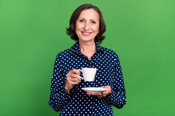 Fototapeta premium Photo of cute old lady drink tea wear dotted blouse isolated on green color background