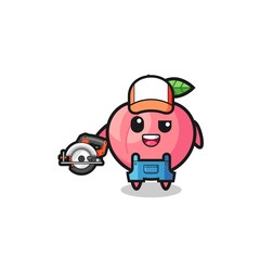 the woodworker peach mascot holding a circular saw