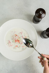 okroshka with crab in the restaurant