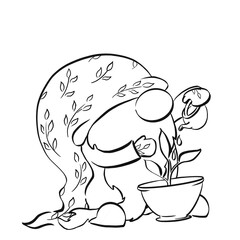 Cute gnome in woolen hat watering the plant. Gardening. Christmas and New Year contoured illustration for banner and design. Collection of gnomes in cartoon style. Colouring book.
