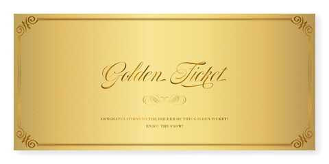 Golden ticket. Vector premium ticket template in classic style for any event. Can be used for web and print.