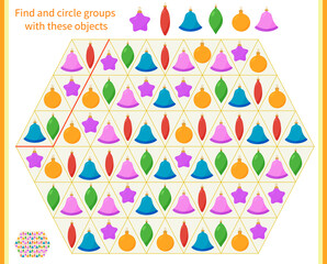  Logic game for children. Divide and circle the groups with the objects shown at the top