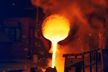 Foundry cast iron production. Molten metal pouring from ladle into mould.