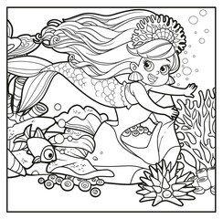 Cute little mermaid girl in coral tiara floats forward outlined for coloring page on seabed with corals and algae background