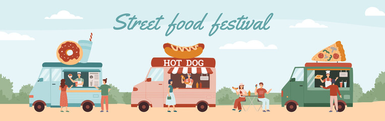 Street food festival with people buying meals at the trucks and vans, flat vector poster illustration.