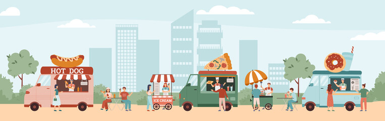 Obraz na płótnie Canvas Street food festival in the city park, flat vector illustration.