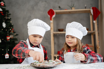 Children prepare Christmas cookies and gingerbread. The boy decorates cookies with colorful glaze. Brother and Sister in the Baker's Uniform