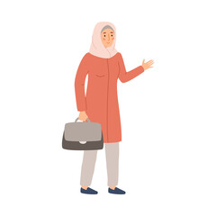 Muslim working business woman in arabian clothes, vector illustration isolated.