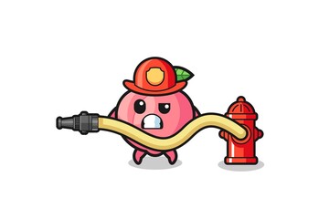 peach cartoon as firefighter mascot with water hose