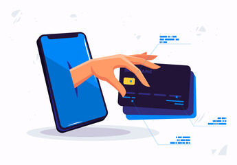 Vector illustration of a human hand stealing bank data and using a mobile phone, losing bank cards from fraudsters