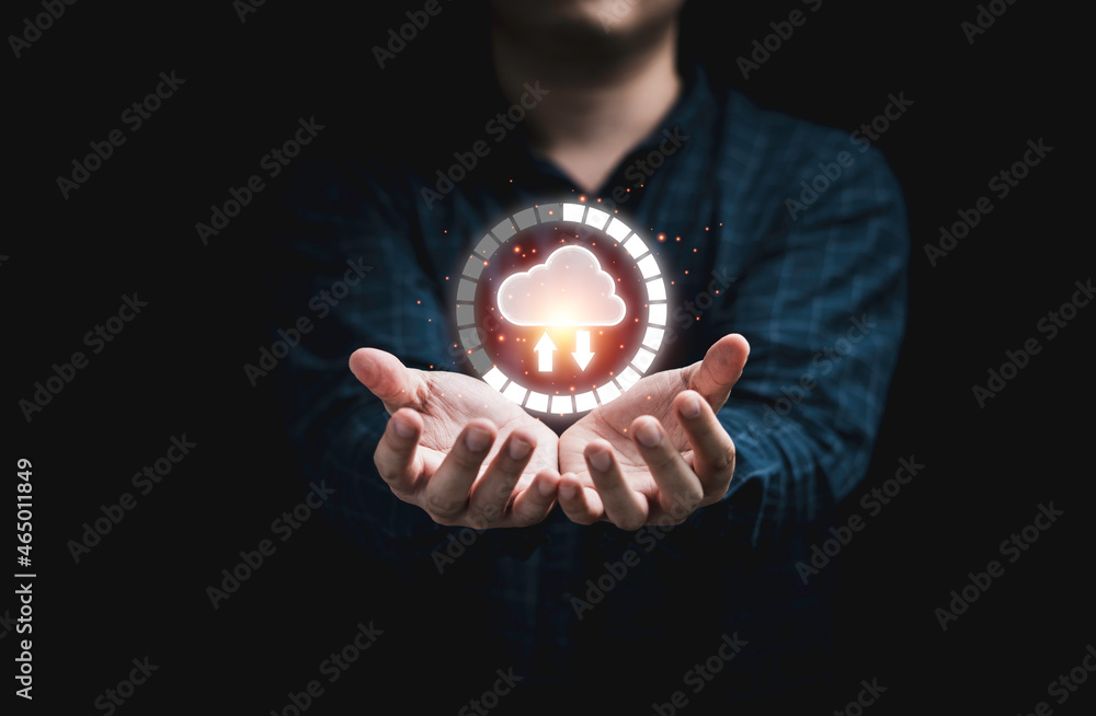 Poster businessman holding virtual cloud computing with download percentage for transfer data information a