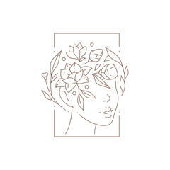 Female elegant head wreath flower and leaves in rectangle frame label vector illustration