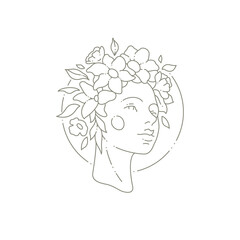 Antique woman head with floral hair at circle frame monochrome simple icon vector illustration