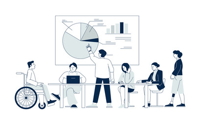 Inclusive. Diversity on workplace, inclusion disabled workers in office habitat and education process. Person in wheelchair on business meeting recent vector scene