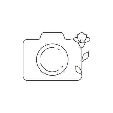 Line art photo camera with simple flower plant feminine beauty blog logo vector illustration