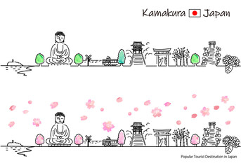 春の鎌倉の観光地の街並みのシンプル線画セット