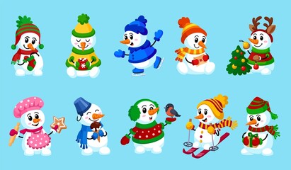 Naklejka premium Cartoon snowman. Happy snowmen collection, snow winter characters in hat and scarfs. Christmas symbol, xmas kids cute friends garish vector set