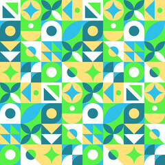 Abstract geometric seamless pattern. Neo geo style print, vector illustration. Simple repeating lines and shapes mosaic background. Blue, white, green and yellow colors. Endless design for textile