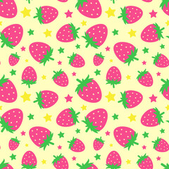 Seamless pattern with funny cartoon strawberries. Positive summer background in pink tones. Print for textile, gift wrap, clothes, interior, design and decor. Trendy summer pattern
