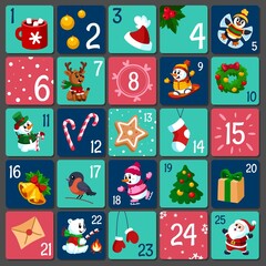 Advent calendar. Gifts numbers, cute holiday card windows. Christmas kids creative presents, xmas decoration prints. December childish countdown garish vector play