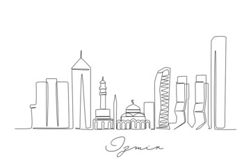Fototapeta premium Continuous one line drawing of Izmir Turkey skyline. City One Line Art Illustration. Simple Minimalistic modern drawing.