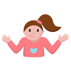 Funny cartoon lady with ponytail shows I dont know emoji. Girl with raising shoulders and hands. Print for stickers, emojis, emoticon, web illustration
