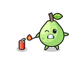 guava mascot illustration playing firecracker