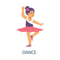 Little cute ballerina in beautiful dress dancing in flat vector illustration