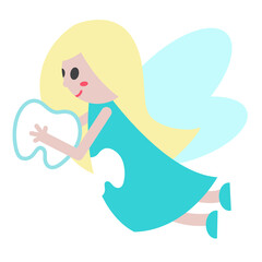 Obraz na płótnie Canvas Funny cartoon Tooth Fairy. Cute girl with fair hair and wings. Fairy in blue dress with tooth print. Illustration for kids and children. Print for books, banner, invitation, sticker, design and decor