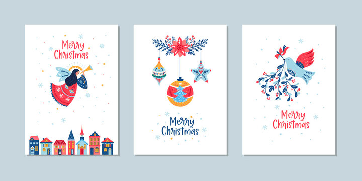 Christmas cards vector set of angel balls mistletoe