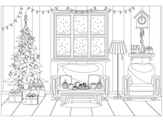 Coloring book for kids and adults in the form of a vector room prepared for the celebration of the new year and Christmas.