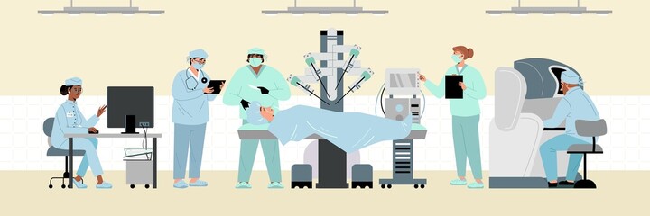 Medical staff performing operation with help of robotic equipment, flat vector.
