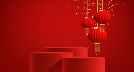 Chinese new year background with realistic 3d red product podium and red Chinese paper lanterns. Vector illustration © vik_y